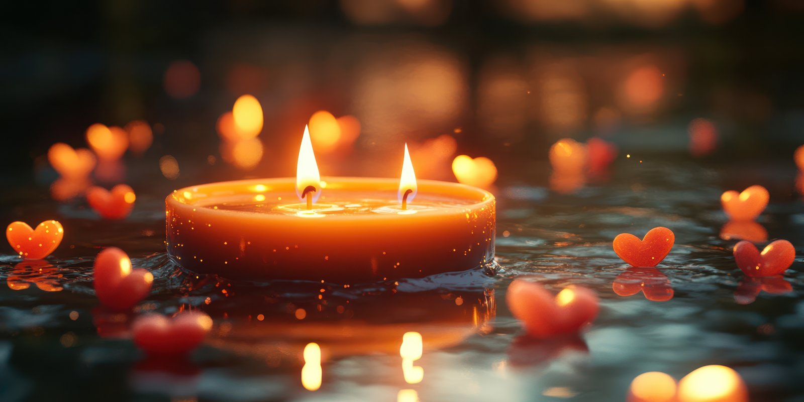Candles illuminate a tranquil water surface adorned with floating heart shapes during a romantic evening setting